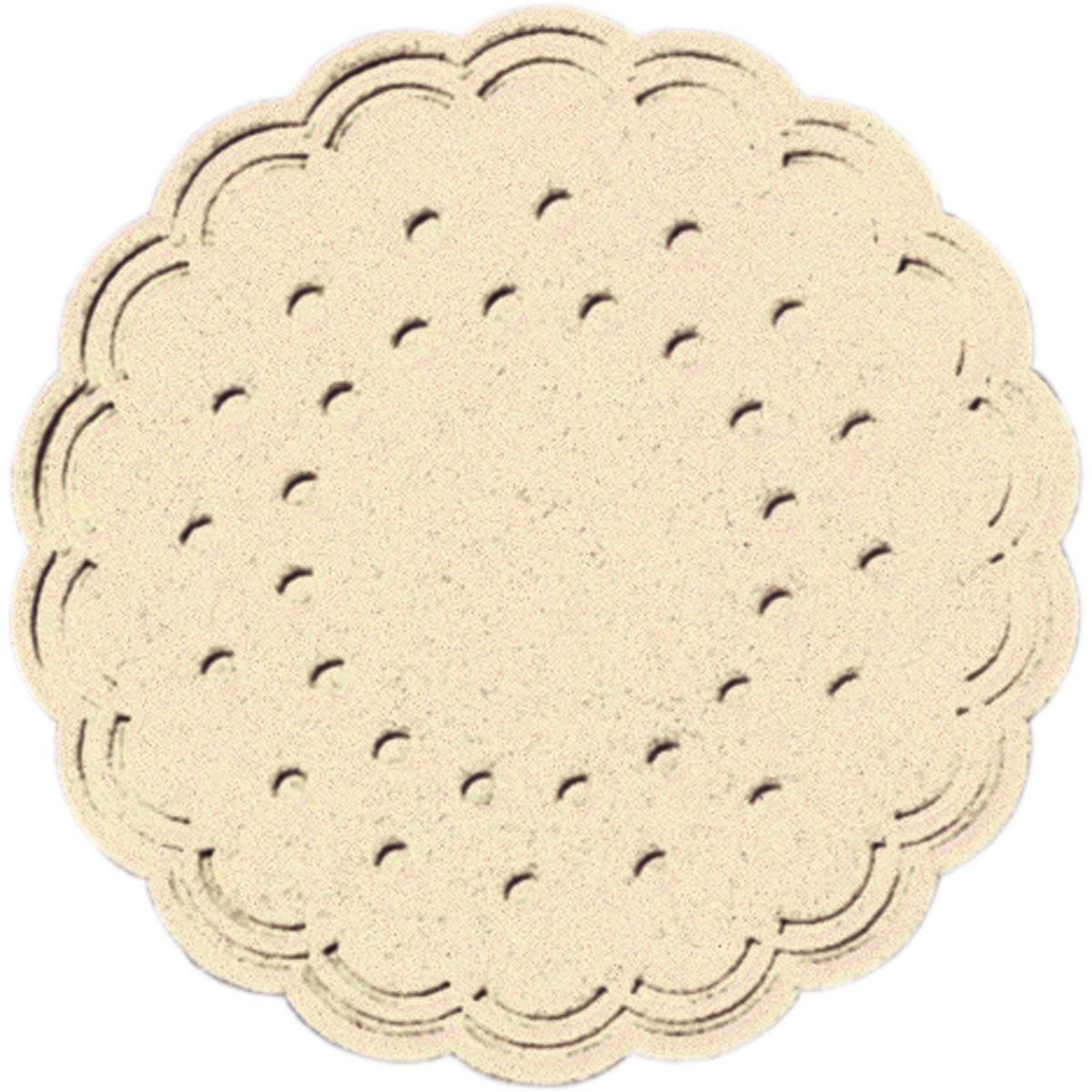 Een ronde, beige koekje met golvende randen en gelijkmatig verdeelde gaatjes past perfect op de Duni GmbH onderzetter (Ø 7,5 cm), crèmekleurig, stijlvol ontworpen en verkrijgbaar in verpakkingen van 250 stuks.