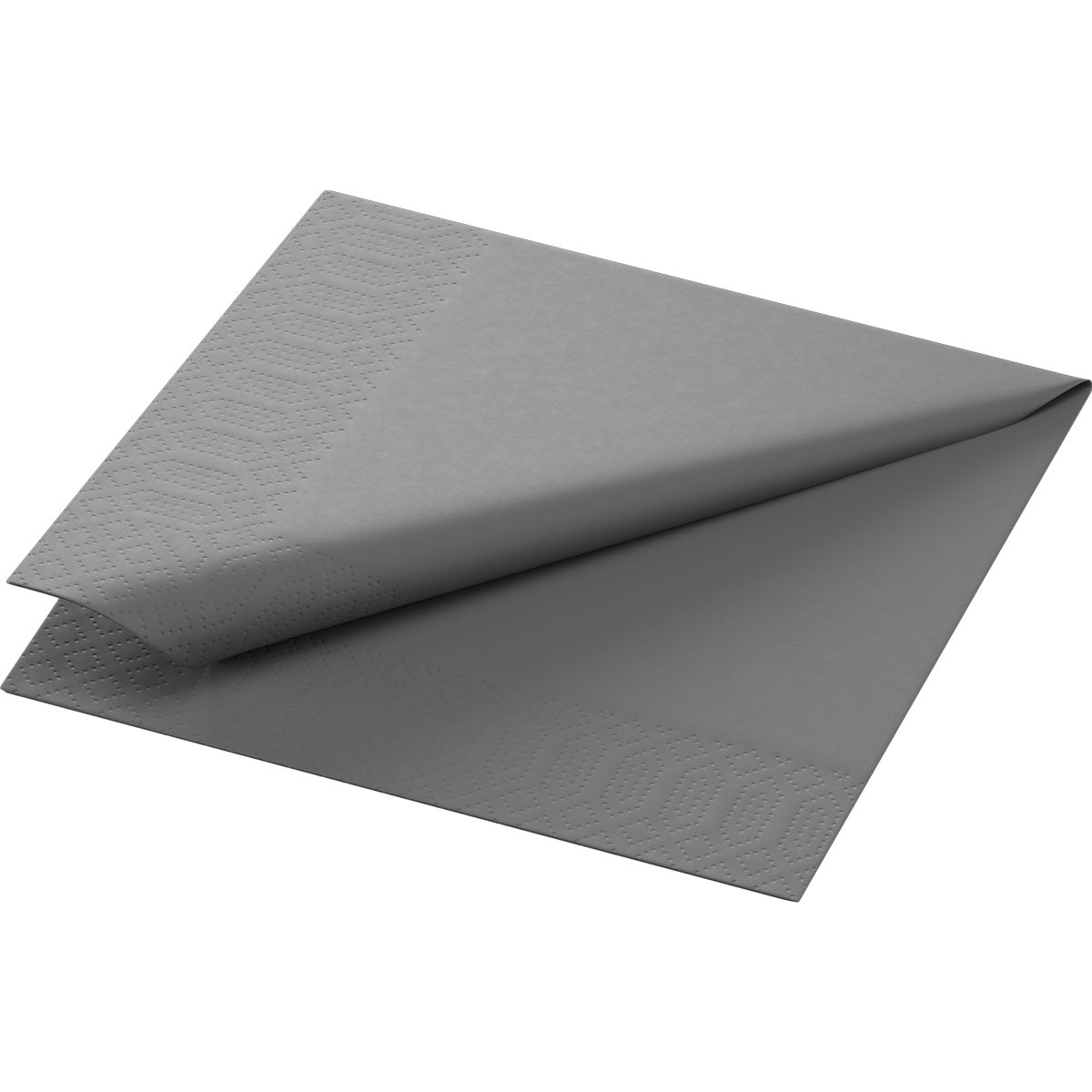 Een enkele Duni GmbH Zellt.-Serv. 24x24 cm, 3-laags granietgrijze servet uit een verpakking van 250 stuks wordt gedeeltelijk uitgevouwen op een witte achtergrond weergegeven en toont een subtiel geometrisch reliëfpatroon aan de rand.
