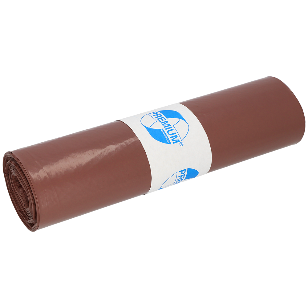 Ein gerollter brauner EMIL DEISS KG DEISS 17001 Typ 60 Müllsack (700x1100 mm, 25 Stück/Rolle) mit einem weiß-blauen "Premium"-Etikett in der Mitte, auf weißem Hintergrund.