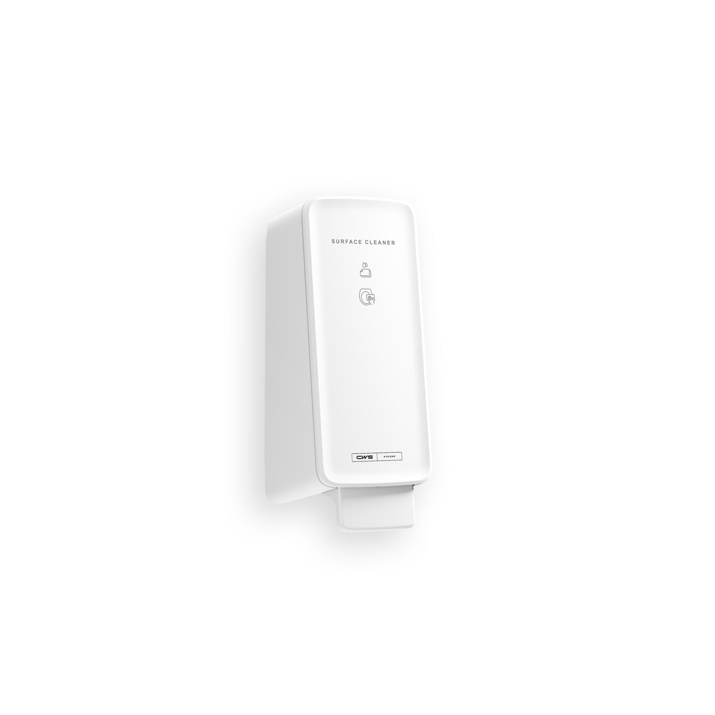 Een witte, wandgemonteerde CWS PureLine Surface Cleaner toilettendispenser met rechthoekig, minimalistisch ontwerp toont "Surface Cleaner", eenvoudige symbolen en benadrukt de hygiënische reiniging door CWS voor een effectieve bacterieverwijdering in elke ruimte.