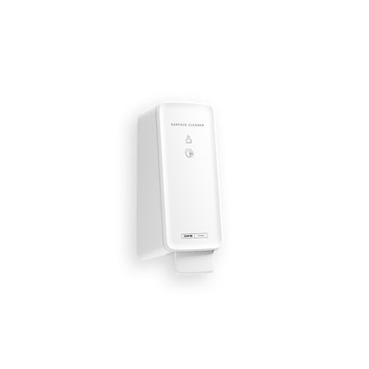 Een witte, wandgemonteerde CWS PureLine Surface Cleaner toilettendispenser met rechthoekig, minimalistisch ontwerp toont "Surface Cleaner", eenvoudige symbolen en benadrukt de hygiënische reiniging door CWS voor een effectieve bacterieverwijdering in elke ruimte.