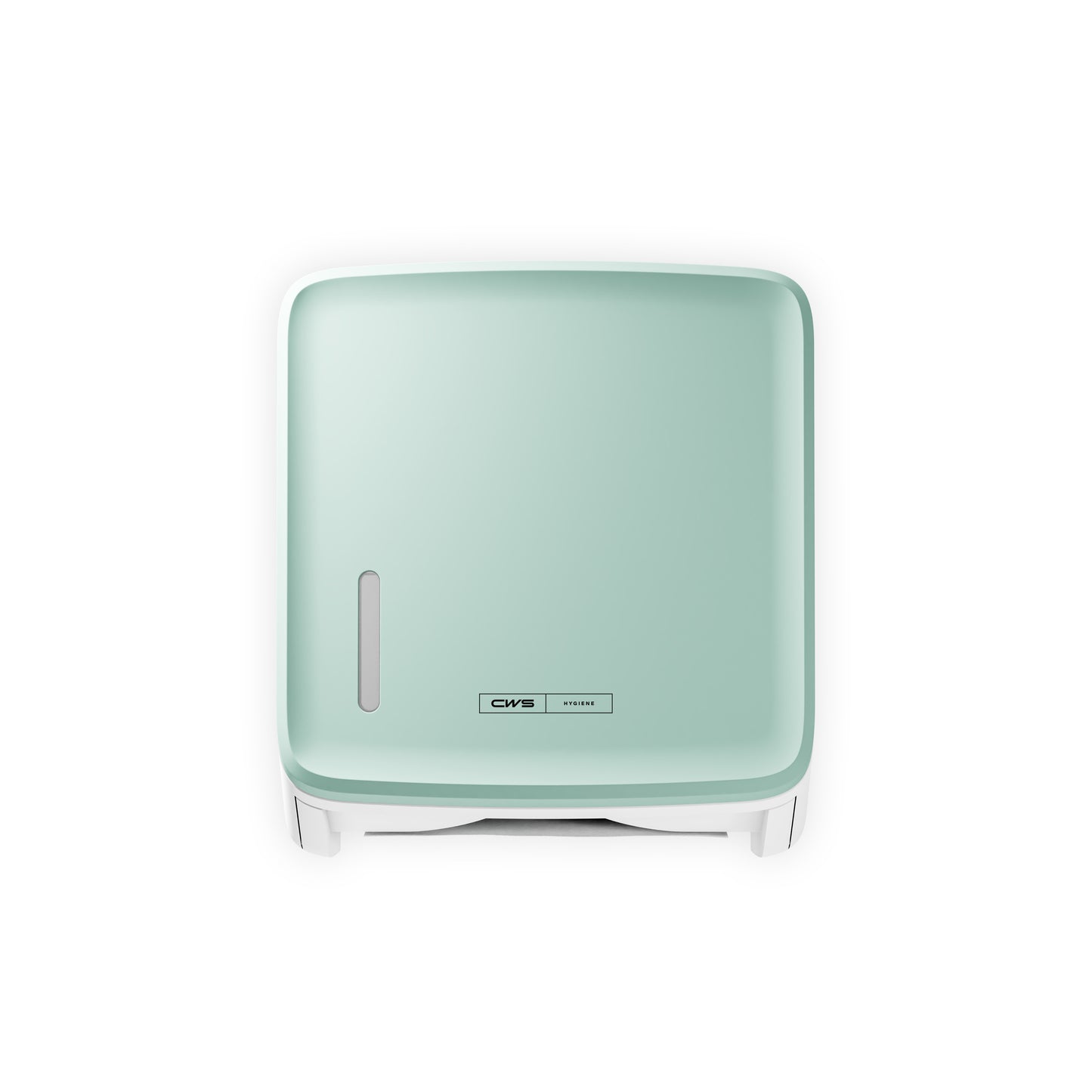 Een vierkant, aan de muur gemonteerd mintgroen CWS PureLine Frontpaneel voor de papierdispenser van CWS heeft een klein ovaal raam en een CMS-logo aan de voorkant, afgebeeld tegen een witte achtergrond.