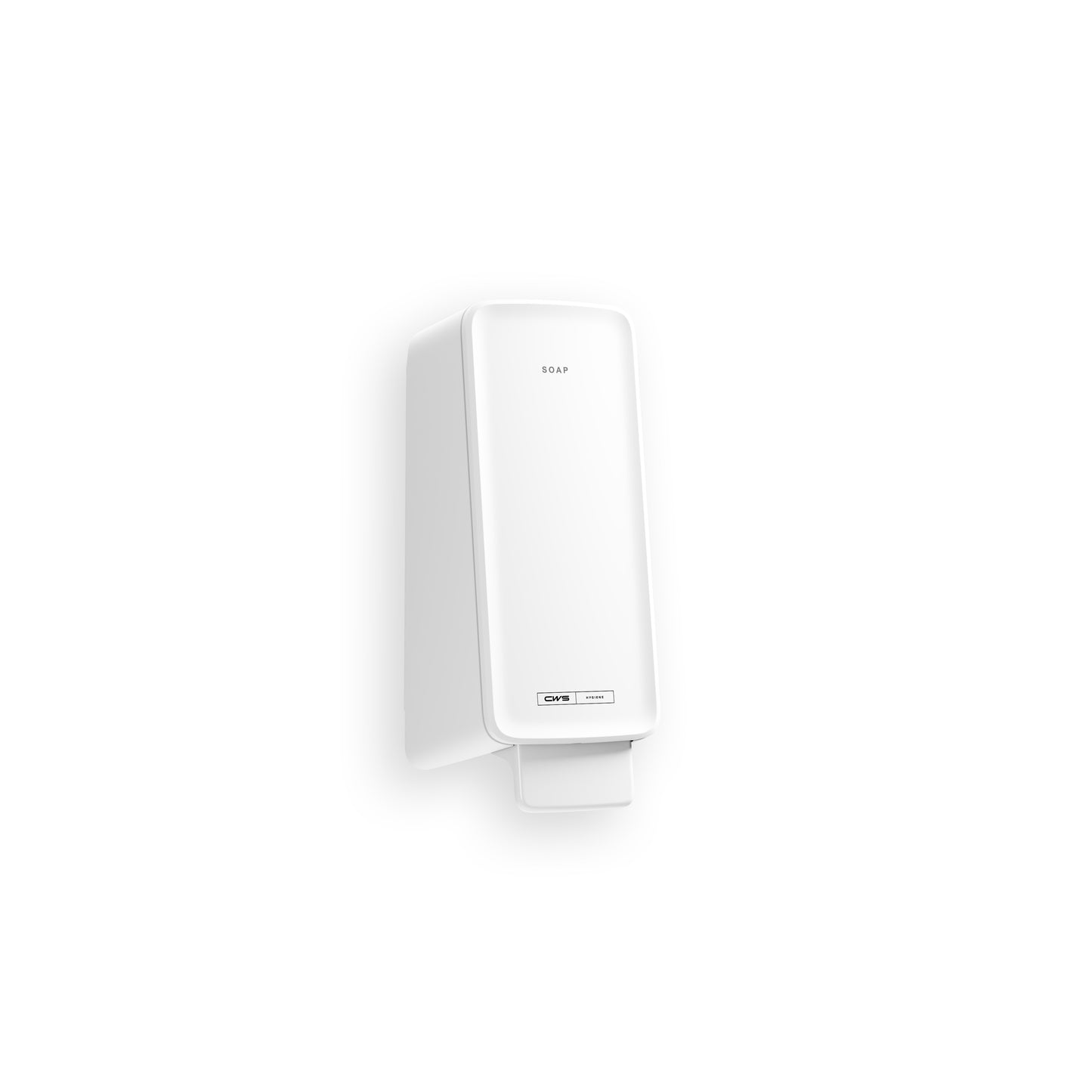 Een witte, wandgemonteerde CWS PureLine Cream zeepdispenser met rechthoekige vorm, "SOAP"-label bovenop en een drukhendel onderaan. Perfect voor het doseren van CWS PureLine Cream zeep. Effen witte achtergrond.