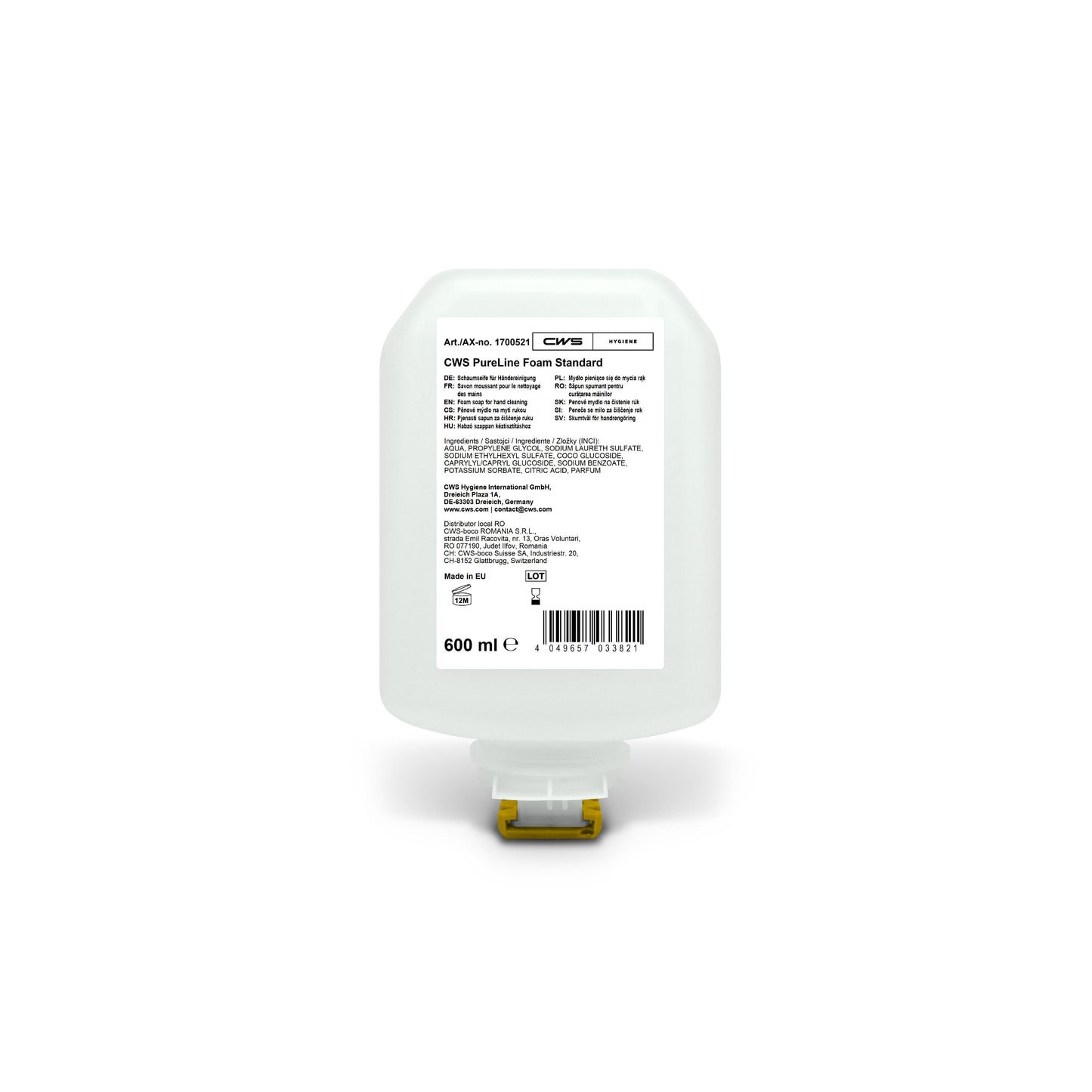 De CWS PureLine Foam Standard 600 ml is een transparante navulpatroon voor schuimzeepdispensers, met een wit etiket met informatie, ingrediënten en barcode, evenals een gele bodemnozzle. Merk: CWS.