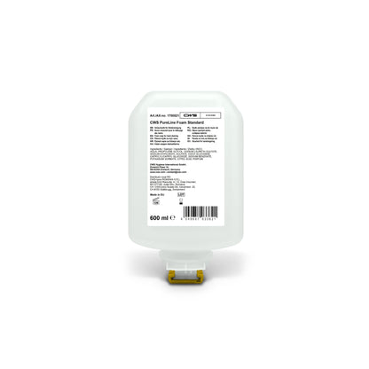 De CWS PureLine Foam Standard 600 ml is een transparante navulpatroon voor schuimzeepdispensers, met een wit etiket met informatie, ingrediënten en barcode, evenals een gele bodemnozzle. Merk: CWS.