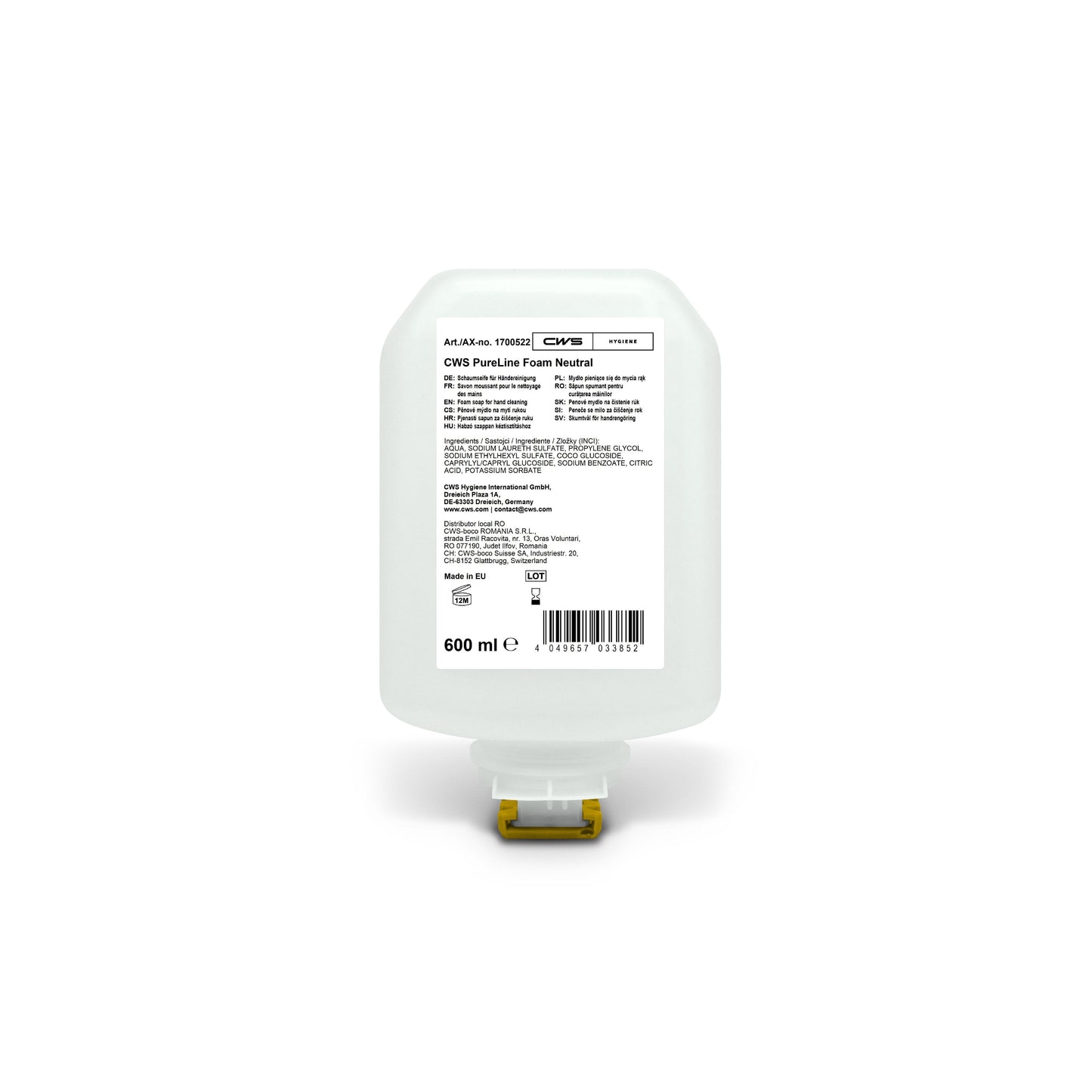 Een 600-ml-fles CWS PureLine Foam Standard Handzeep van CWS met een voorzijde-etiket met informatie, ingrediënten en barcode, evenals een gele dispenserspuitmond - ideaal voor elke schuimzeepdispenser om optimale handhygiëne te garanderen.