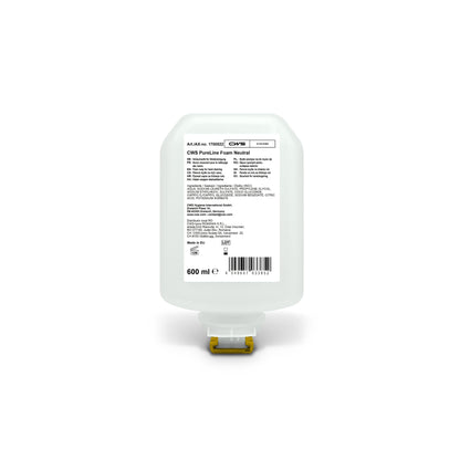 Een 600-ml-fles CWS PureLine Foam Standard Handzeep van CWS met een voorzijde-etiket met informatie, ingrediënten en barcode, evenals een gele dispenserspuitmond - ideaal voor elke schuimzeepdispenser om optimale handhygiëne te garanderen.