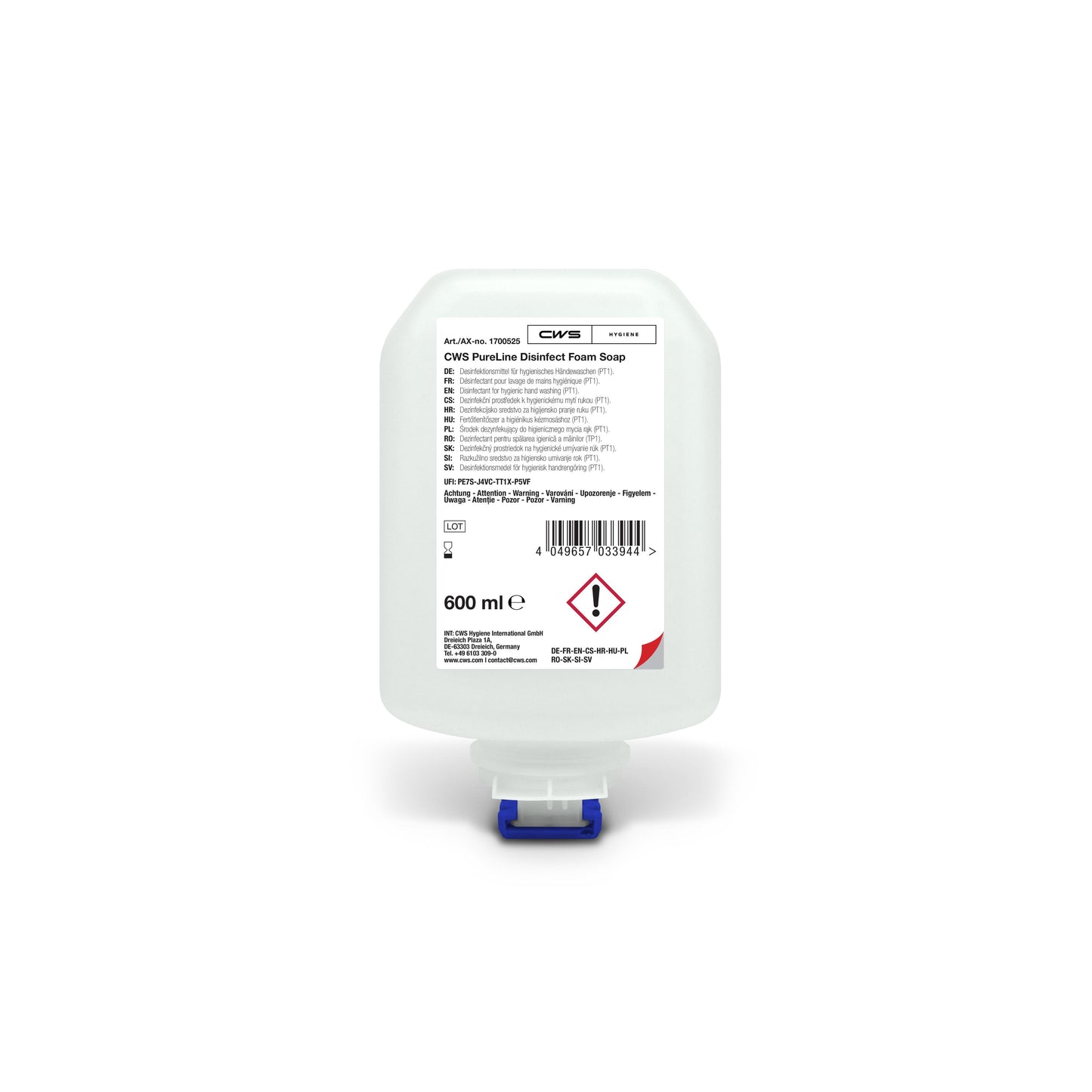 Een 600-ml-fles CWS PureLine Desinfect Gel van CWS met een helder ontwerp, blauw-witte dispenser en een etiket met productdetails, toepassingsinstructies, veiligheidssymbolen en waarschuwingen voor kiemen en bacteriën.