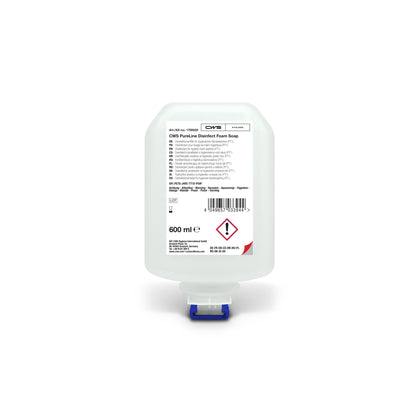 Een 600-ml-fles CWS PureLine Desinfect Gel van CWS met een helder ontwerp, blauw-witte dispenser en een etiket met productdetails, toepassingsinstructies, veiligheidssymbolen en waarschuwingen voor kiemen en bacteriën.