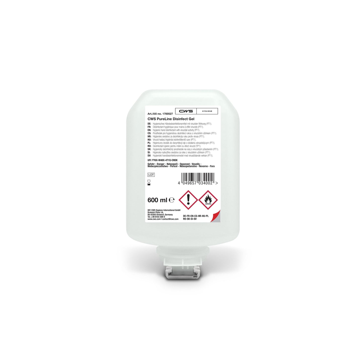 De CWS PureLine Desinfect Gel 600 ml is een doorzichtige container met een witte dispenserdop en een etiket met productinformatie, barcode en gevaarsymbolen. Deze handdesinfectiegel van het merk CWS is effectief tegen kiemen en bacteriën.