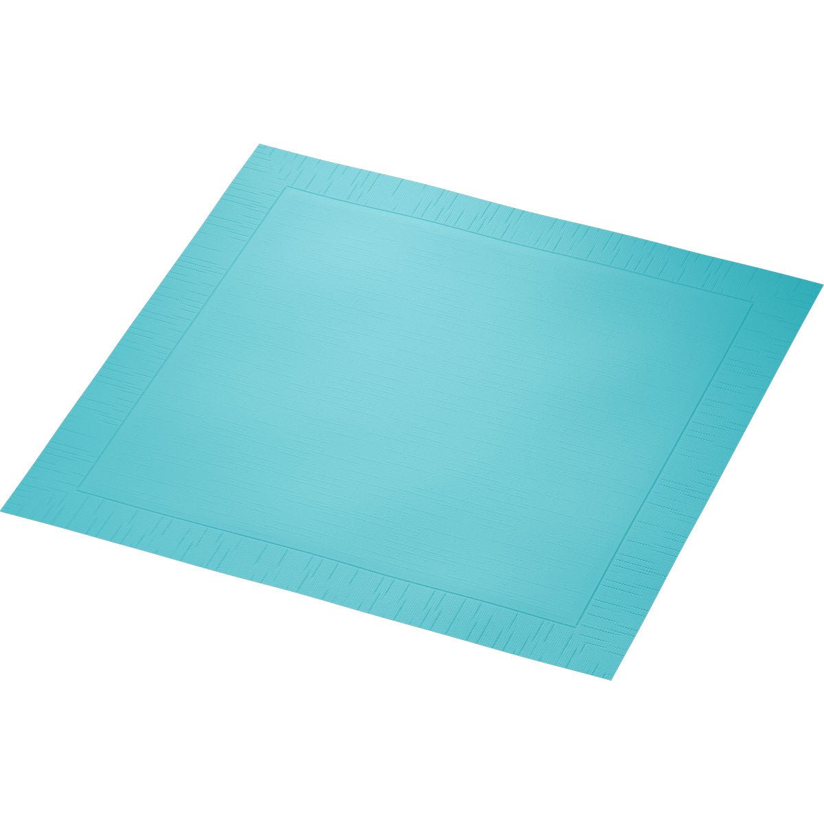 Een rechthoekig, aquablauw wegwerp-papierplacemat met geperste rand is afgebeeld op een witte achtergrond. Past perfect bij de Duni GmbH Klassikservietten 40 x 40 cm, 4-laags, geperst, 1/4 vouw voor een stijlvol gedekte tafel.