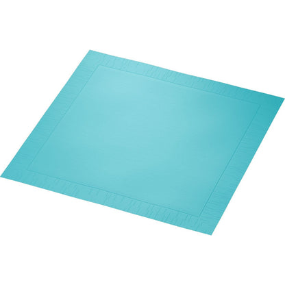 Een rechthoekig, aquablauw wegwerp-papierplacemat met geperste rand is afgebeeld op een witte achtergrond. Past perfect bij de Duni GmbH Klassikservietten 40 x 40 cm, 4-laags, geperst, 1/4 vouw voor een stijlvol gedekte tafel.