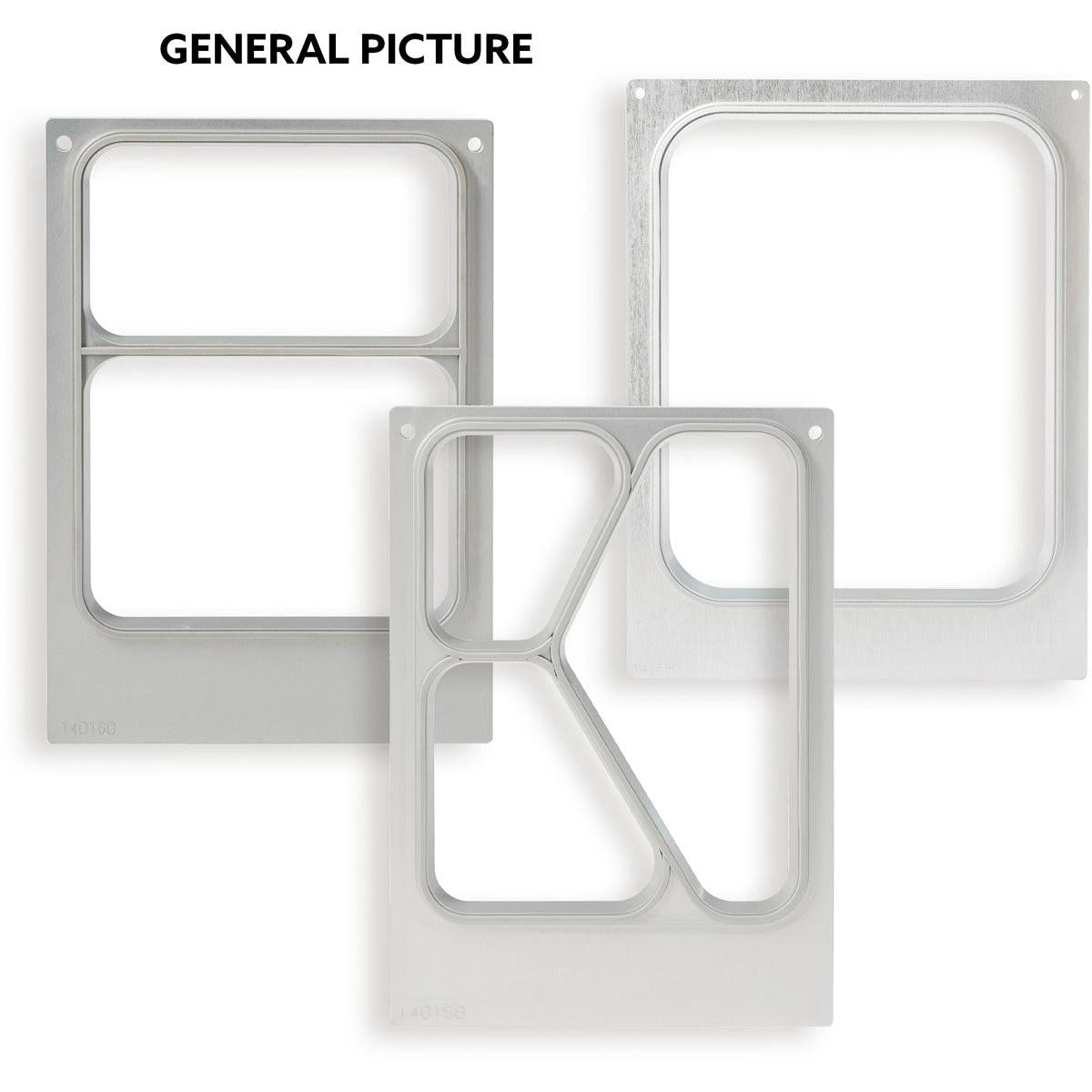 De Duni GmbH cassette DF15/25 voor PP 1/6 GN schalen (1000, 1600 ml, 2-voudig) wordt in een totaaloverzicht met verschillende uitsnedes weergegeven, ideaal voor de opslag van GN-schalen in de gastronomie. Boven in de afbeelding: "ALGEMEEN BEELD" in zwart.