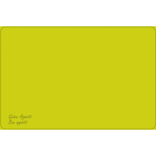 Das Duni GmbH Dunicel-Tischsets (Vesca Norm) 33 x 48 cm zeigt ein schlichtes gelbes Rechteck mit dünnem schwarzen Rand, abgerundeten Ecken und "Guten Appetit" und "Bon appétit" in Schreibschrift unten links; der Rest ist leer.