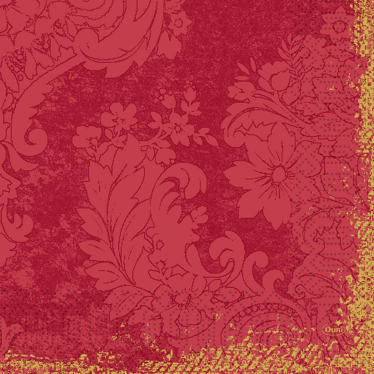 Een gestructureerde achtergrond in Royal Bordeaux met ingewikkelde bloemen- en bladmoten, afgewerkt met een geel-gouden rand - ideaal voor Duni GmbH Zellt.-Servetten 33x33 cm, 3-laags (verpakking met 250 servetten).