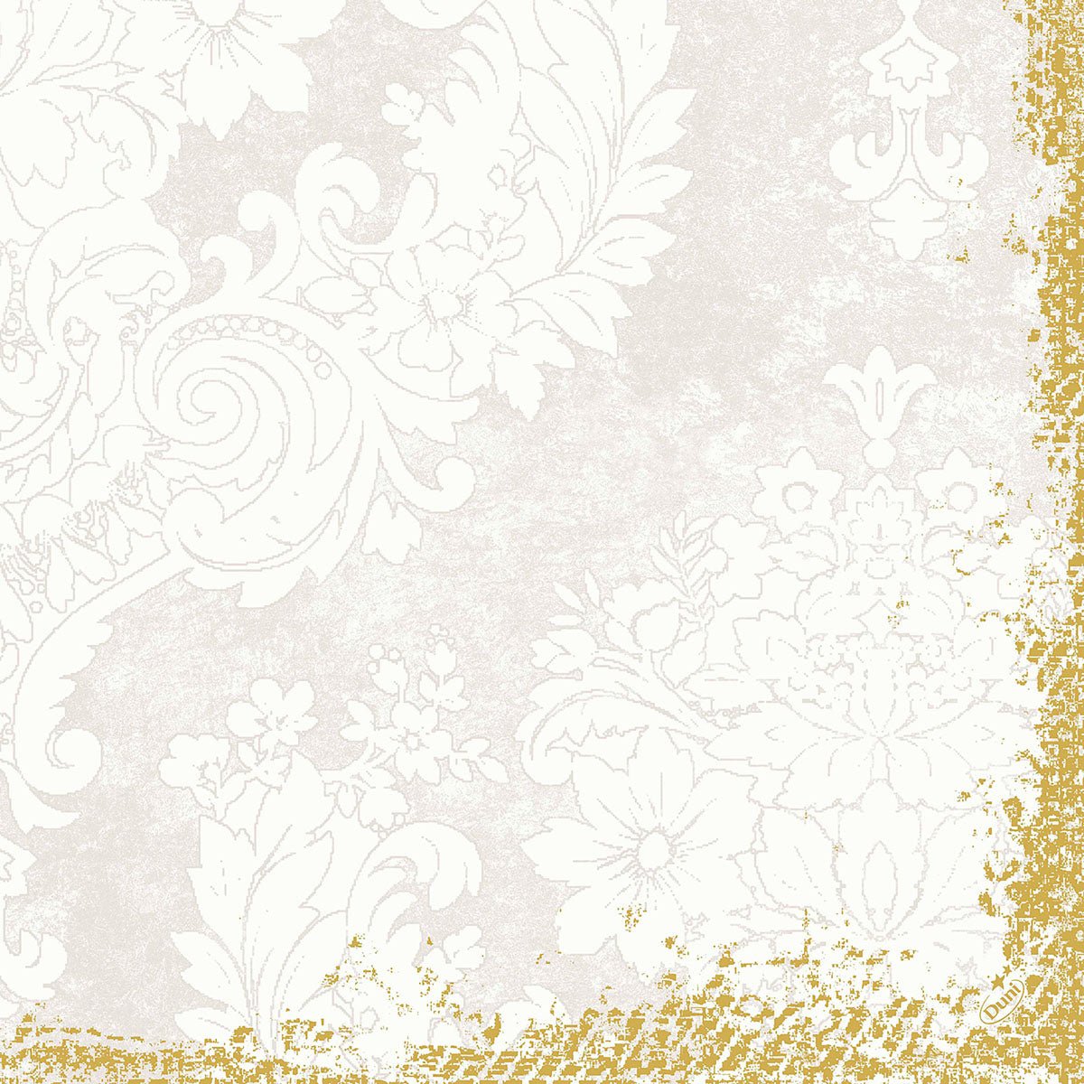 Een bloemmotief van lichtbeige en wit damast met sierlijke krullen wordt omlijst door gestructureerd goudfolie om een vintage-look te creëren - ideaal voor Duni GmbH Klassikservietten 40 x 40 cm 4-laags, geperst 1/4 vouw.