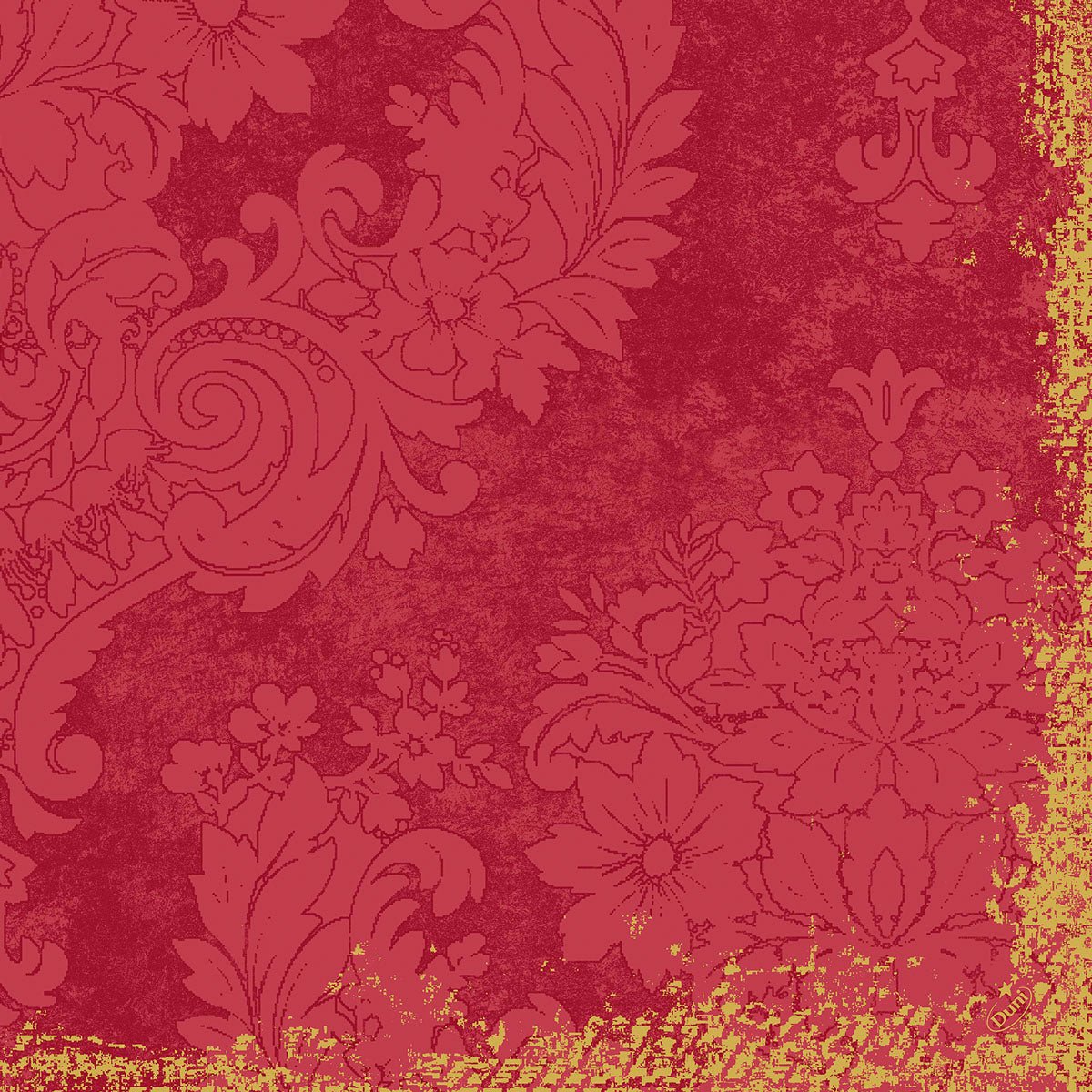De Klassikservietten 40 x 40 cm 4-laags, geperst 1/4 vouw van Duni GmbH tonen een elegante rood-gouden vintage bloemendamast met geperste structuur en versierde blad- en bloemdetails langs de randen.