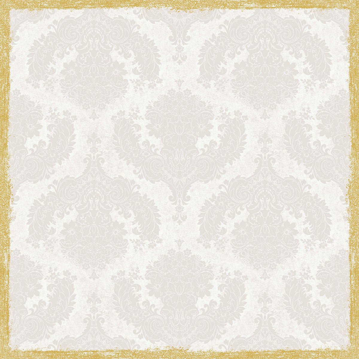 Een lichtgrijze damastachtergrond met sierlijke, symmetrische bloemmotieven is perfect voor de tafeldecoratie met het Dunisilk+ tafelkleed 84x84 cm in Royal White (verpakking van 20 stuks) van Duni GmbH. De afbeelding is voorzien van een gestructureerde, onregelmatige gouden rand.