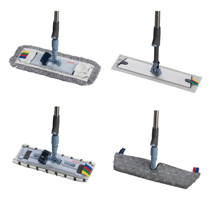 De Vileda Professional SprayPro roestvrijstalen mopphouder van Vileda GmbH omvat vier soorten vlakmoppen met unieke reinigingspads en lange handgrepen. Twee moppen van het vloerreinigingssysteem hebben franjeranden, andere zijn glad; allemaal beschikken ze over afneembare mopkoppen voor veelzijdige reiniging.