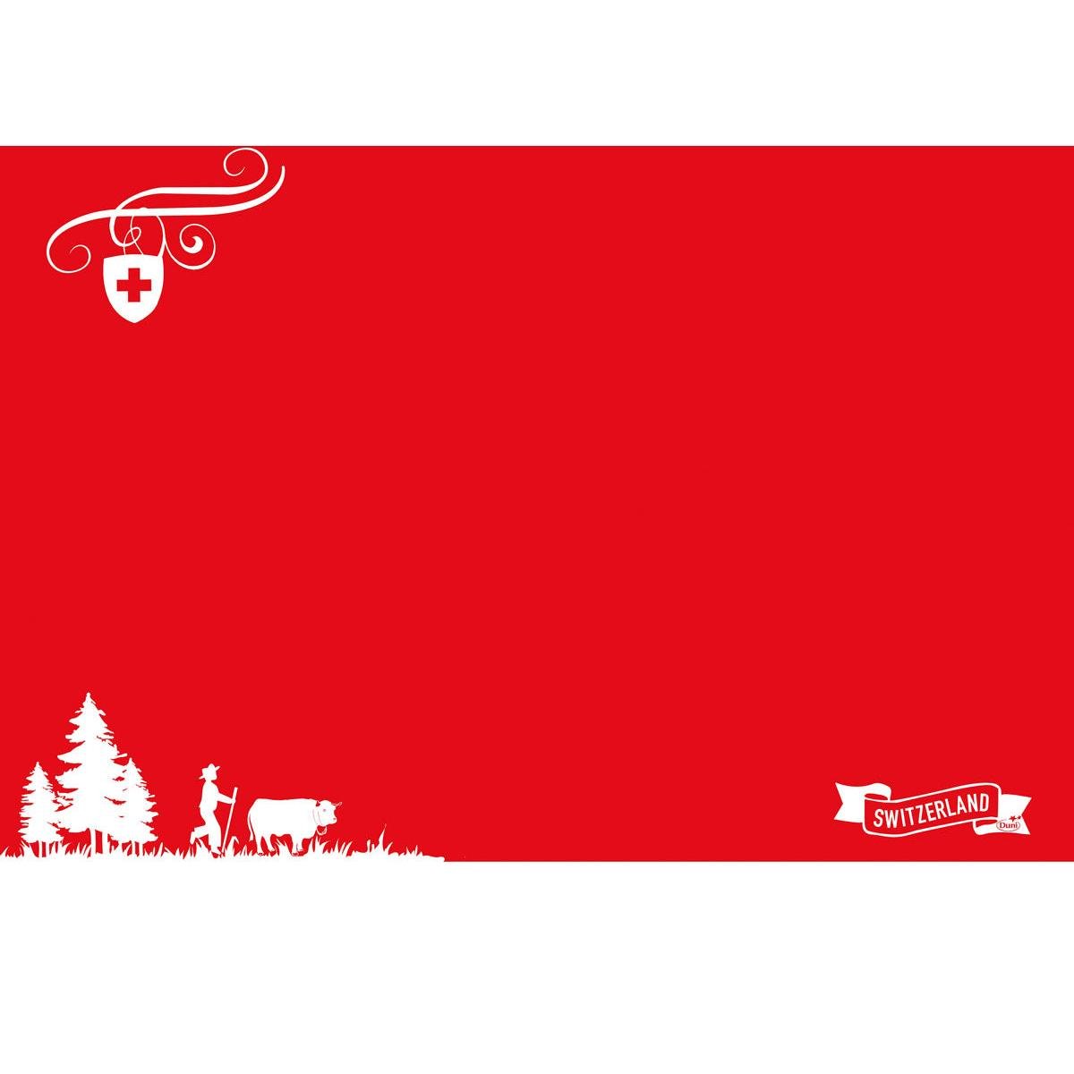 Een rood-witte grafiek met een Zwitserse vlag, een figuur met koe en bomen en een "Zwitserland"-band - perfect voor Dunicel-placemats 30 x 40 cm Zwitserland | Verpakking (100 stuks) van Duni GmbH.