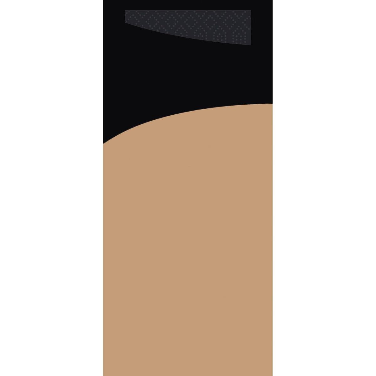 Een minimalistische illustratie met een grote lichtbruine halve cirkel rechtsonder en een klein gestructureerd donker rechthoek in de buurt van de bovenrand doet denken aan de Sacchetto Zelltuch 190 x 85 mm van Duni GmbH, die tegen een zwarte achtergrond staat.
