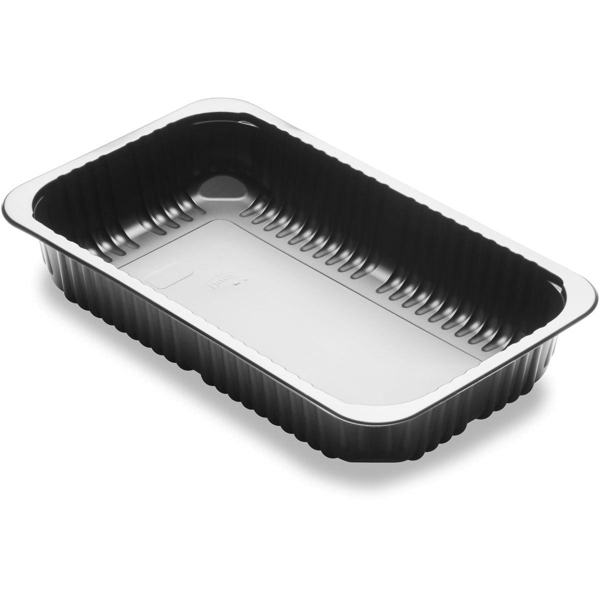 Een zwart, rechthoekig menubakje 1-comp 1 Zwart PP/MIN 260x158x43,7 van Duni GmbH is leeg afgebeeld met geribbelde zijkanten en een gladde bodem op een witte achtergrond, bekeken vanuit een licht verhoogde hoek. Verpakking (384 stuks).