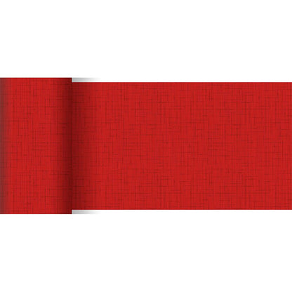 Eine Rolle roter Dunicel-Tischläufer (20 m x 15 cm) der Duni GmbH zeichnet sich durch ein dezentes, sich kreuzendes Linienmuster und eine strukturierte Optik aus, wobei der linke Rand leicht aufgerollt ist - perfekt für eine stilvolle Tischdekoration.