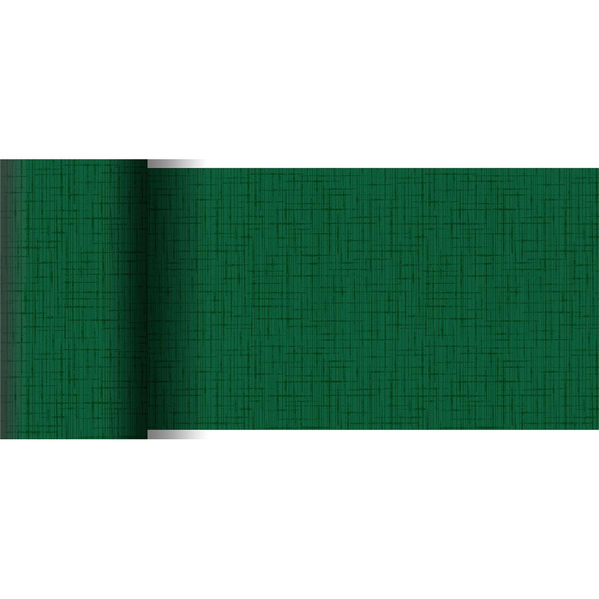 Ein teilweise ausgerollter Dunicel-Tischläufer 20 m x 15 cm der Duni GmbH in Grün zeigt seine feine Gitterstruktur vor weißem Hintergrund und eignet sich damit perfekt für eine elegante Tischdekoration.