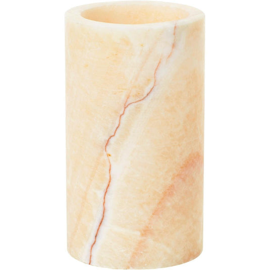 De kandelaar van Duni GmbH, vervaardigd uit mineraalonyx (125 x 70 mm), valt op door zijn elegante ontwerp in lichtbeige met natuurlijke aders en een open bovenkant, die afsteekt tegen een eenvoudige witte achtergrond. Verpakking: 1 stuk.