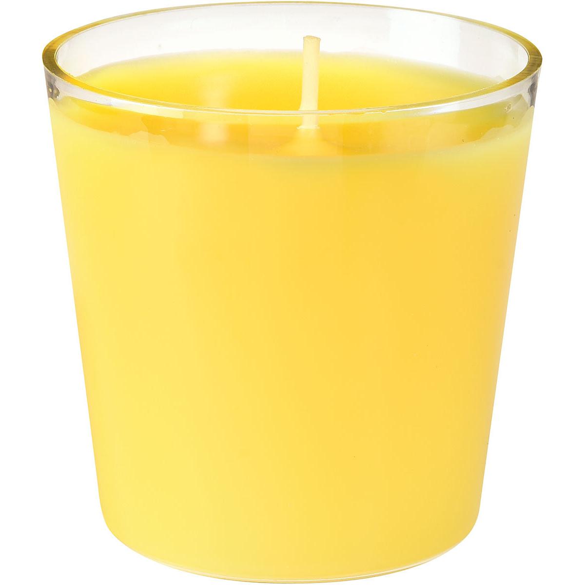 Die Nachfüller Switch & Shine Nachfülleinheit von Duni GmbH ist eine gelbe Kerze (65 x 65 mm, ca. 30h) in einem klaren Glasbehälter mit mittigem Docht - ideal für langanhaltendes Licht und Wärme vor jeder Kulisse.