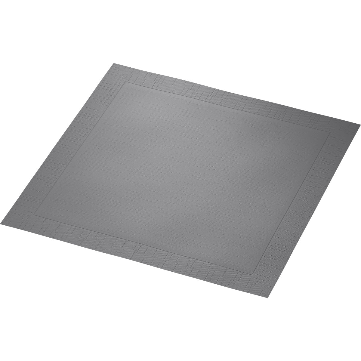 De Klassikservietten 40 x 40 cm 4-laags, geperst 1/4 vouw van Duni GmbH is een grijs, licht gestructureerd, rechthoekig servet met subtiele rand, afgebeeld op een witte achtergrond.