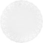 Die Duni GmbH Tortenspitzen Rund ist ein rundes, weißes, spitzengemustertes Papier mit festem Kern, perfekt für elegante Hochzeiten oder Veranstaltungen.