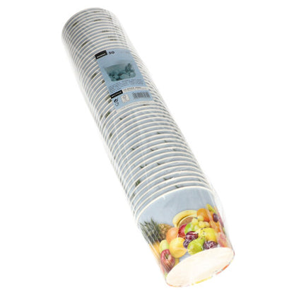 Een verpakking met 50 ronde wegwerp-ijsbekers van papier van Starpak, elk met verschillende fruitafbeeldingen op de zijkant, verpakt in plastic.