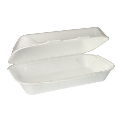 Een witte Starpak Allzweckbox (XPS, 1800 ml, 7,5 x 24 x 13,3 cm) met klapdeksel is geopend en geeft zicht op de lege binnenruimte – ideaal voor veelzijdig gebruik. De doos wordt geleverd in een verpakking van 100 stuks in krimpfolie.