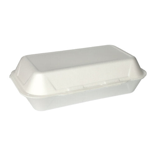 Voor een eenvoudige witte achtergrond is een gesloten, witte Starpak 100 Allzweckboxen met klapdeksel afhaalcontainer (XPS, 1800 ml, 7,5 x 24 x 13,3 cm) afgebeeld.
