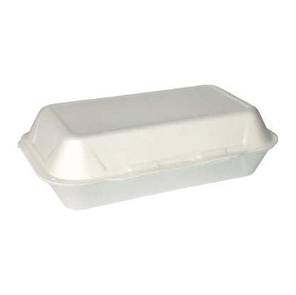 Voor een eenvoudige witte achtergrond is een gesloten, witte Starpak 100 Allzweckboxen met klapdeksel afhaalcontainer (XPS, 1800 ml, 7,5 x 24 x 13,3 cm) afgebeeld.