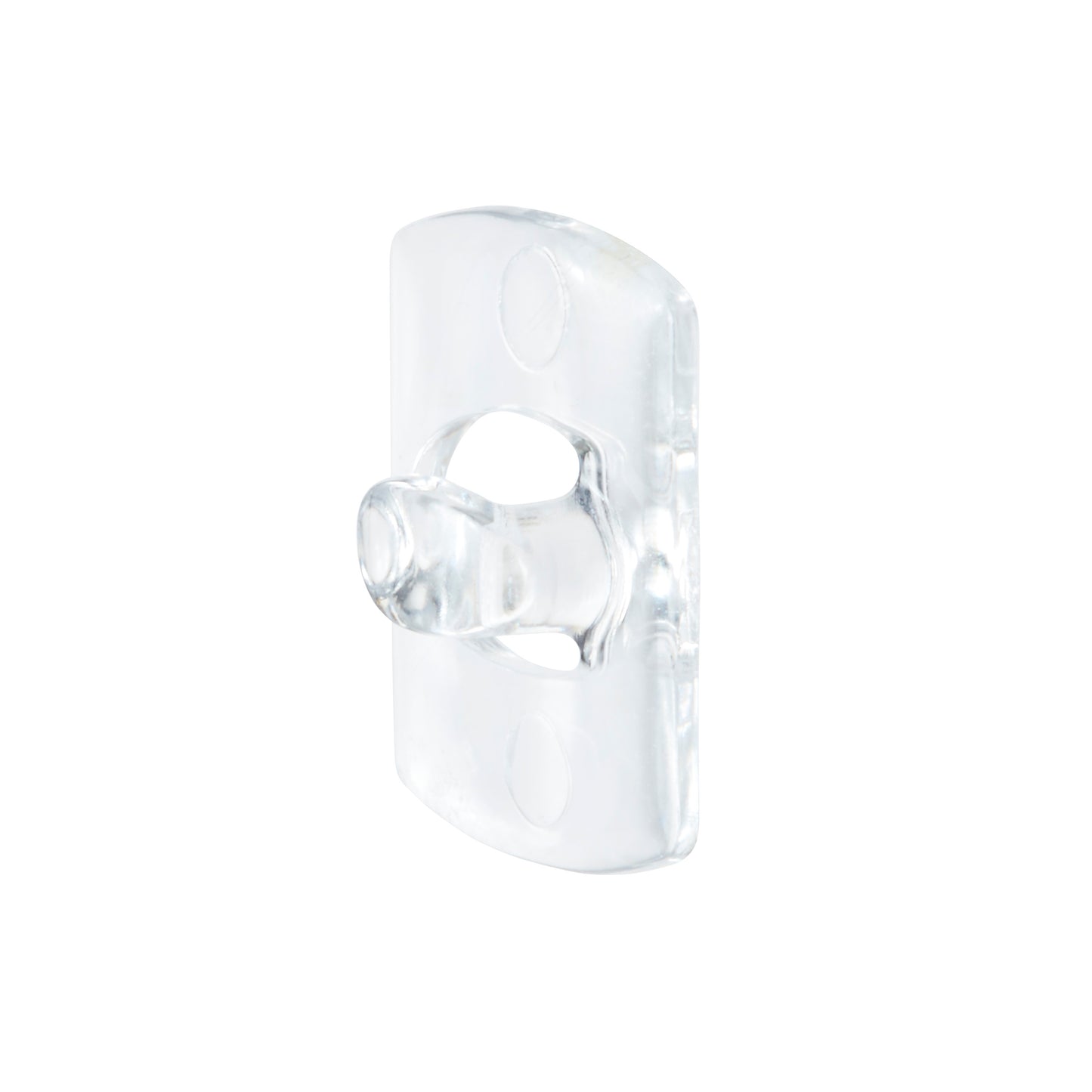 De Command™ decoratieclips van 3M Deutschland GmbH zijn transparante, rechthoekige wandhaken met een centrale, afgeronde pin en twee bevestigingsgaten, afgebeeld op een witte achtergrond, en bevatten transparante strips voor eenvoudige bevestiging.