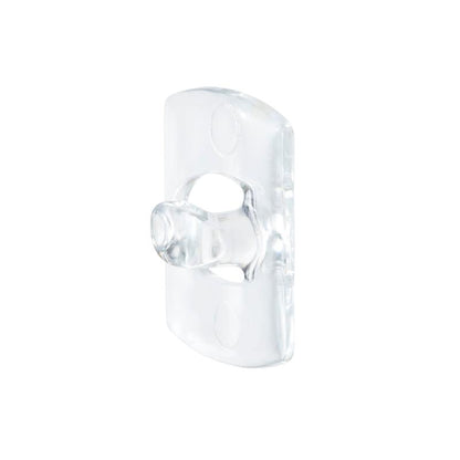 De Command™ decoratieclips van 3M Deutschland GmbH zijn transparante, rechthoekige wandhaken met een centrale, afgeronde pin en twee bevestigingsgaten, afgebeeld op een witte achtergrond, en bevatten transparante strips voor eenvoudige bevestiging.