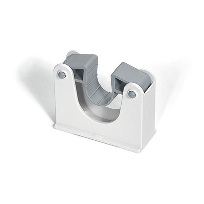 Der Nölle Profi Brush HACCP Klemmhalter für Geräteleiste von Nölle Profi Brush Bürsten- & Pinseltechnik e.K. ist eine weiß-graue Kunststoffhalterung mit Klappschellen zur Aufnahme von Rohren, ideal für hygienesensible Bereiche, abgebildet auf weißem Hintergrund.