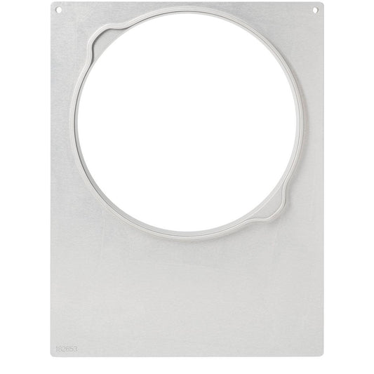 Ein quadratisches Metallblech der Duni GmbH mit einem zentralen runden Ausschnitt, glatten Kanten und einer Kerbe oben links - ideal für Kassette DF15/25 f. DF Pearl L1/L2/L3 Systeme. Mit glatter Oberfläche und schwacher Seriennummer unten links. 1 Stück pro Packung.