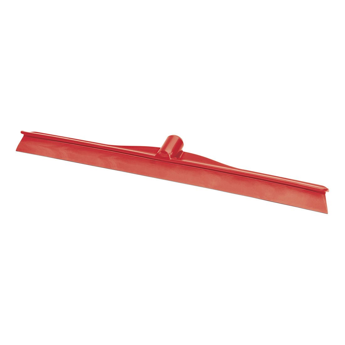 Een rode Nölle Profi Brush HACCP waterschuiver Monobloc (PP/TPE, Duits schroefdraad) van Nölle Profi Brush Borstel- & Pinseltechniek e.K. met platte kling en centrale bevestiging, ideaal voor hygiënische reiniging, afgebeeld op witte achtergrond.