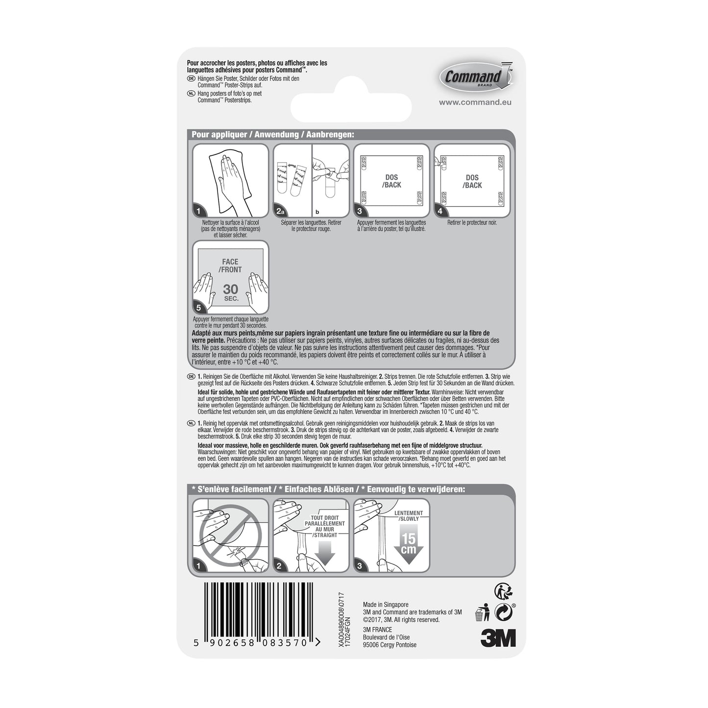 Achterkant van een verpakking Command™ Poster-Strips 17024 van 3M Deutschland GmbH met geïllustreerde stap-voor-stap instructies voor residuvrije bevestiging en het ophangen van posters in meerdere talen, met diagrammen, barcode en 3M branding rechtsonder.