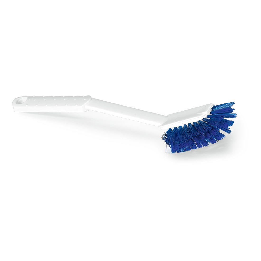 De Nölle Profi Brush HACCP afwasborstel schijf borstel 0,25 mm van Nölle Profi Brush Borstels- & Pinseltechnik e.K. is een witte kunststof reinigingsborstel met blauwe borstelharen en een lange steel, schuin afgebeeld op een effen witte achtergrond.