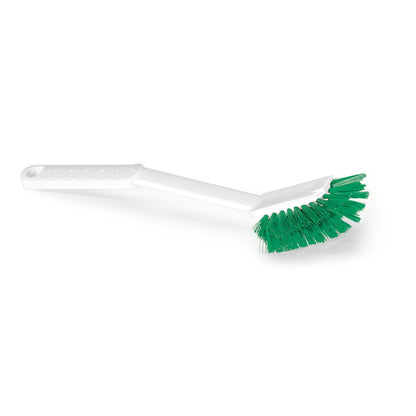 Afgebeeld is een Nölle Profi Brush HACCP afwasborstel schijf borstel 0,25 mm van Nölle Profi Brush Borstels- & Pinseltechnik e.K. met een witte, gebogen handgreep en stijve groene borstelharen op een effen witte achtergrond.