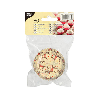 60 Stück PAPSTAR Backförmchen (Ø 5 cm × 2,5 cm) der PAPSTAR GmbH mit rot-braunem Rentier-/Stern-Aufdruck, ideal für Muffins oder Cupcakes. Verpackt in einem Klarsichtbeutel mit gelbem Etikett mit Produktdetails.
