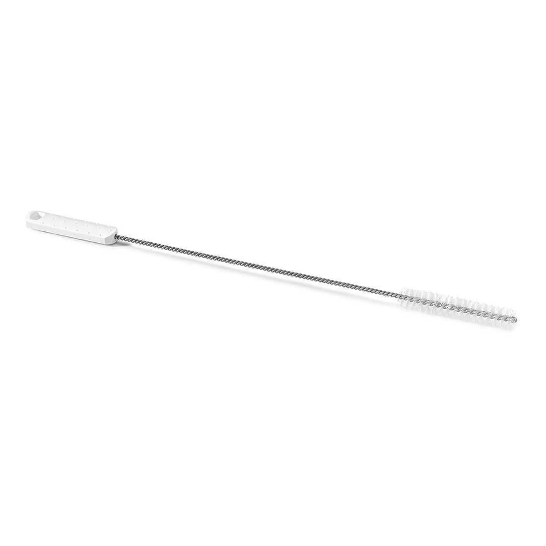 De Nölle Profi Brush HACCP Gedraaide Borstel van Nölle Profi Brush Borstels- & Penseltechniek e.K. kenmerkt zich door 0,5 mm harde witte borstels, een witte kunststof handgreep en een gedraaide metalen staaf op witte ondergrond.