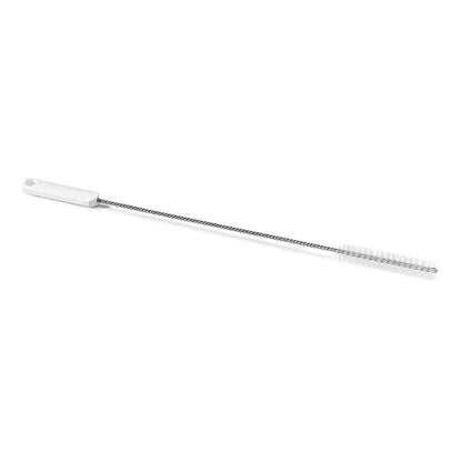 De Nölle Profi Brush HACCP Gedraaide Borstel van Nölle Profi Brush Borstels- & Penseltechniek e.K. kenmerkt zich door 0,5 mm harde witte borstels, een witte kunststof handgreep en een gedraaide metalen staaf op witte ondergrond.