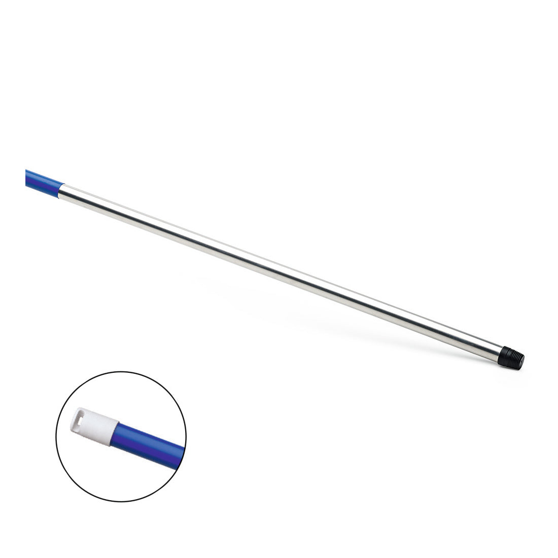 Der Nölle Profi Brush HACCP Aluminium-Stiel 140 cm von Nölle Profi Brush Bürsten- & Pinseltechnik e.K. hat einen blauen Griff, eine schwarze Gewindespitze zur sicheren Besenbefestigung und einen Einsatz, der das HACCP-konforme Gewindedesign zeigt.