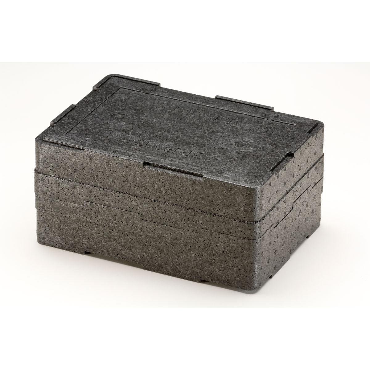 De zwarte rechthoekige Thermobox 1 Zwart EPP van Duni GmbH van gestructureerd materiaal met opstaand deksel staat op een witte achtergrond. Deze EPP-isolatiebox is perfect om items tijdens transport veilig en geïsoleerd op te bergen.