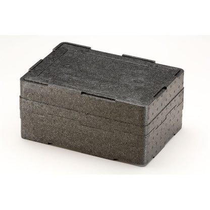 De zwarte rechthoekige Thermobox 1 Zwart EPP van Duni GmbH van gestructureerd materiaal met opstaand deksel staat op een witte achtergrond. Deze EPP-isolatiebox is perfect om items tijdens transport veilig en geïsoleerd op te bergen.